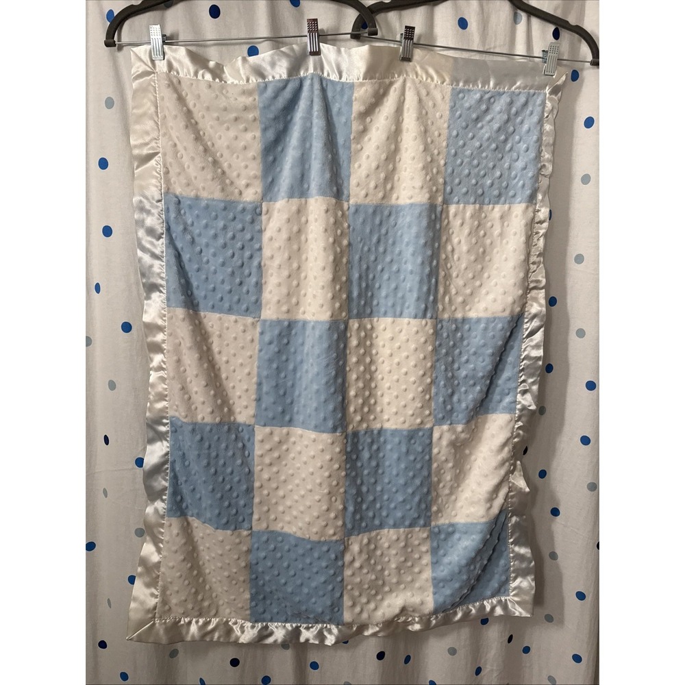 Just Born Blue White Patchwork Minky Raised Dot Baby Blanket Satin Trim 30x40"